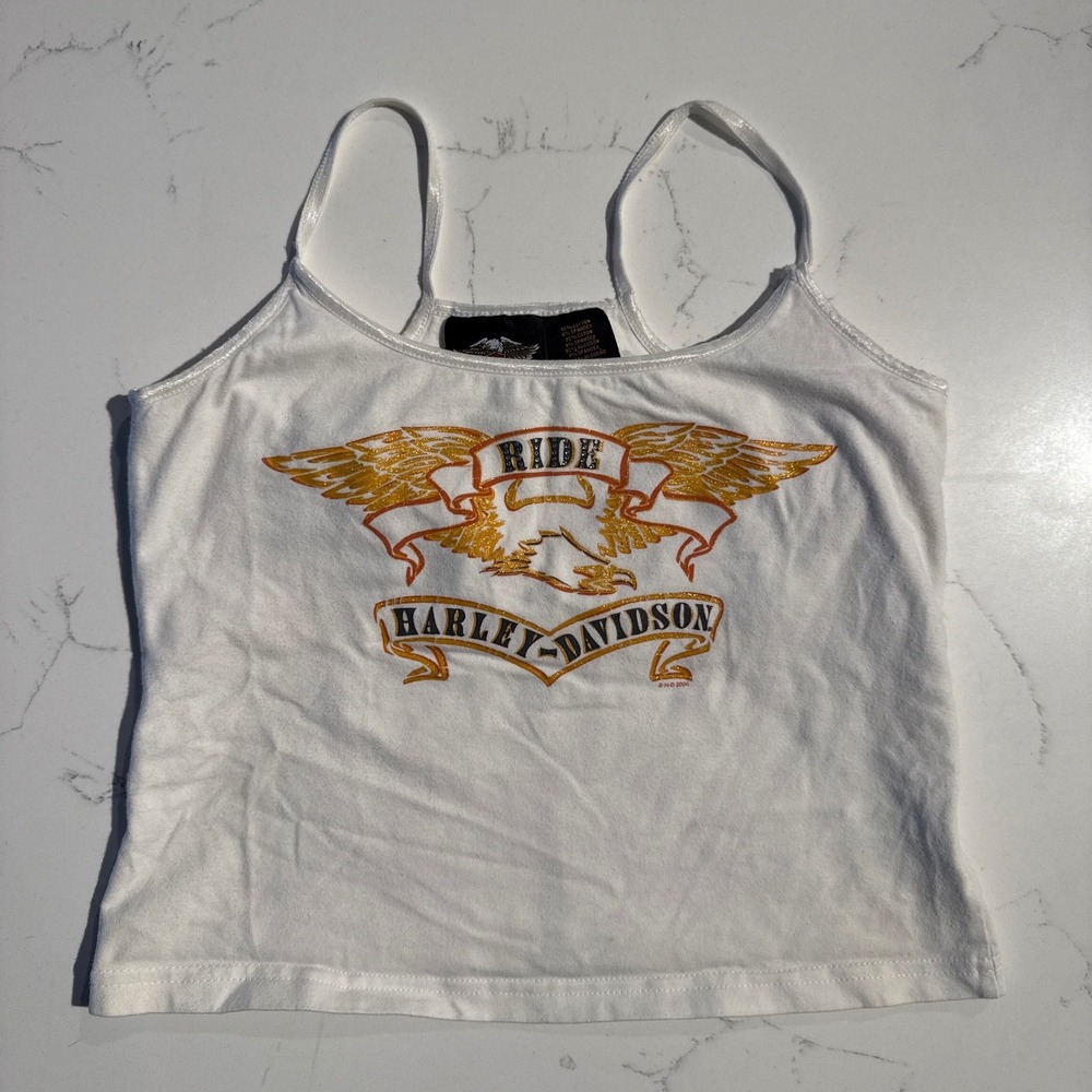 Harley-Davidson White Tank Top with Gold and Orange Design